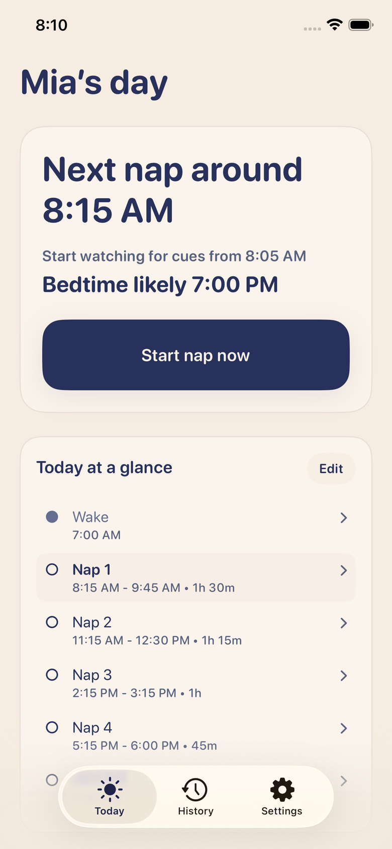 NapMath’s Today screen, showing Mia’s next nap around 8:15 AM, tired-cue guidance, a bedtime outlook, and the day’s nap timeline.